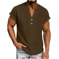 thumbnail image 1 of COSFO Cotton Linen Big And Tall Shirts for Men Solid Colors Short Sleeve V Neck Basic Tops Button Regular Fit Summer Mens Classic T-Shirt, 1 of 8