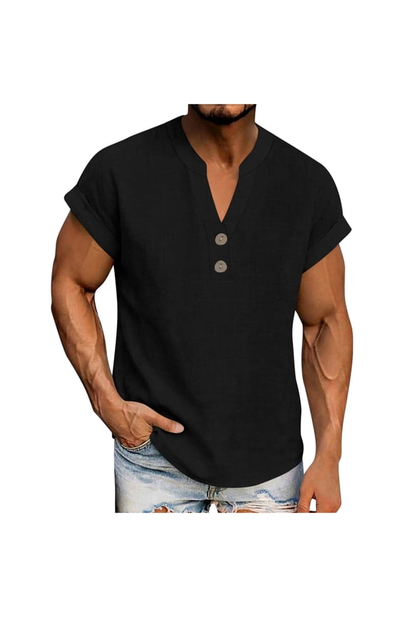 Cotton Linen Men Shirts Short Sleeve V Neck Black Basic Tops Regular Fit Summer Button Mens Classic T-Shirt