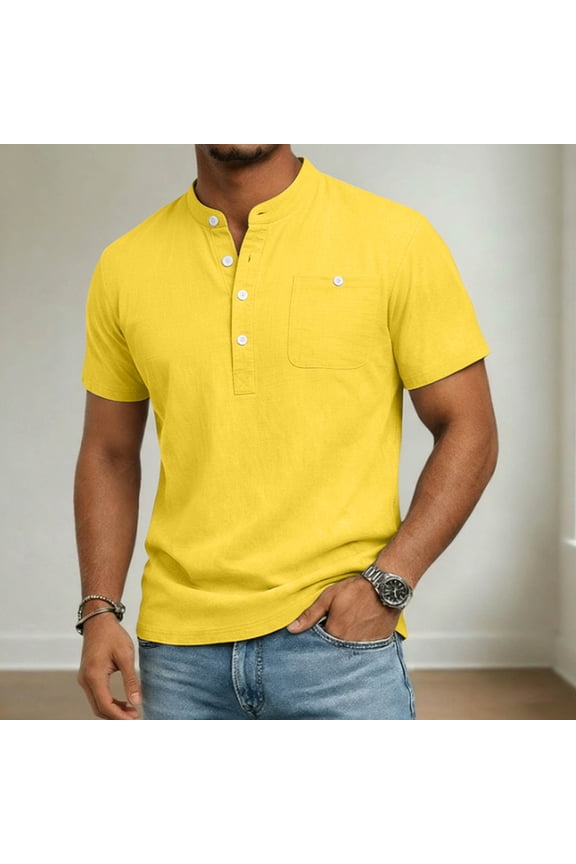 Cotton Linen Mens Shirts Solid Short Sleeve Henley Summer Shirts Button Pullover with Pocket Relaxed Fit Yellow Tops