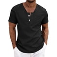 thumbnail image 1 of COSFO Cotton Linen Shirts for Men Black Summer Short Sleeve V Neck Tops Pullover Button with Pockets Mens Classic T-Shirt, 1 of 5