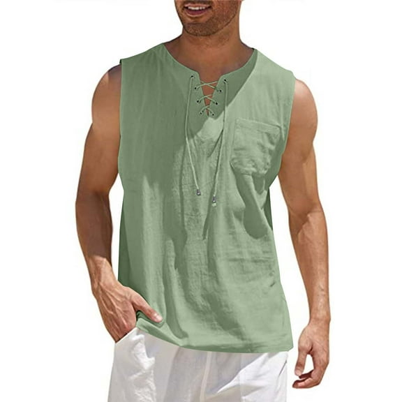 COSFO Cotton Linen Tank Top Men Casual Muscle Green Shirts Summer Sleeveless V Neck Loose with Pocket Tank Tops