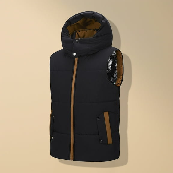 COSFO Cotton Men Puffer Vest Outerwear Colorblock Hooded Windbreaker Loose Fit Sleeveless Zip Up Winter Warm Winter Jackets for Men