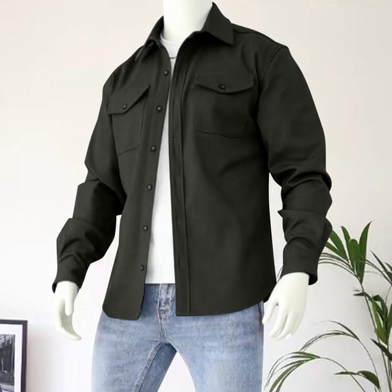 COSFO Cotton Mens Jacket Solid Collared Lightweight Button Down Coats with Pockets Long Sleeve Loose Casual Men Outerwear Jackets