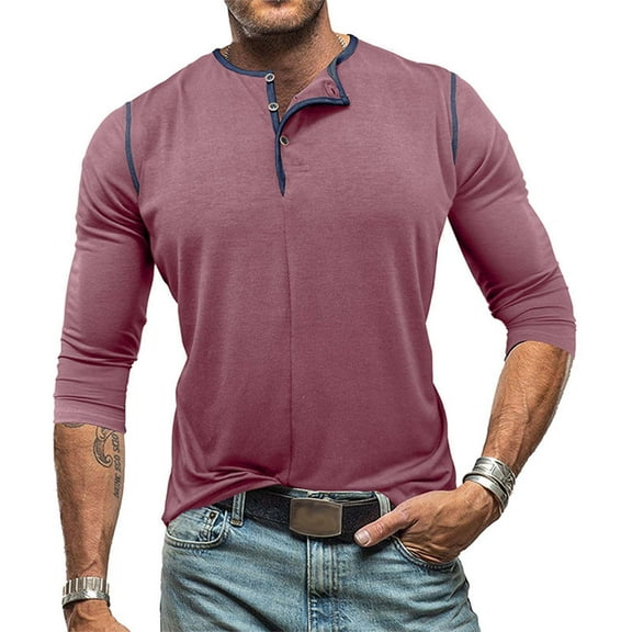 COSFO Cotton Mens T-Shirts Solid Casual Long Sleeve Tops Loose Fit Henley Pullover Button Mens Classic T-Shirt
