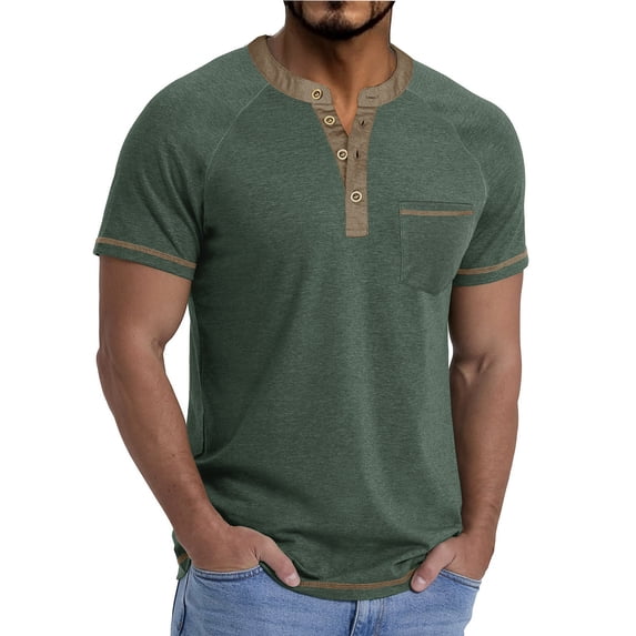 COSFO Cotton Mens Tshirts Short Sleeve Solid Henley Tops Button Pullover Loose Fit with Pocket Mens Classic T-Shirt