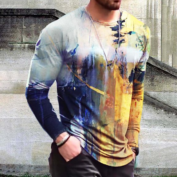 COSFO Crew Neck Men Shirt Gray Casual Long Sleeve Colorblock Pullover T Shirts Men