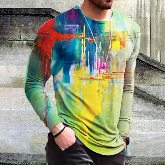 COSFO Crew Neck Men Shirts Casual Green Long Sleeve Colorblock Pullover Tshirts Shirts for Men