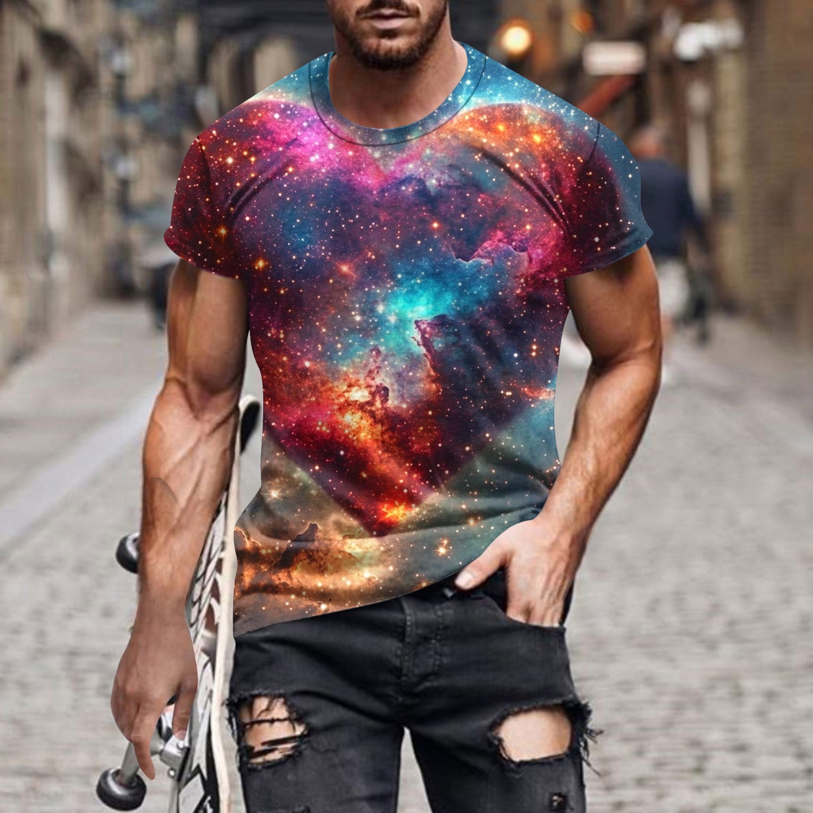 COSFO Crew Neck Men Shirts Starry Sky Casual Short Sleeve Tops Pullover ...