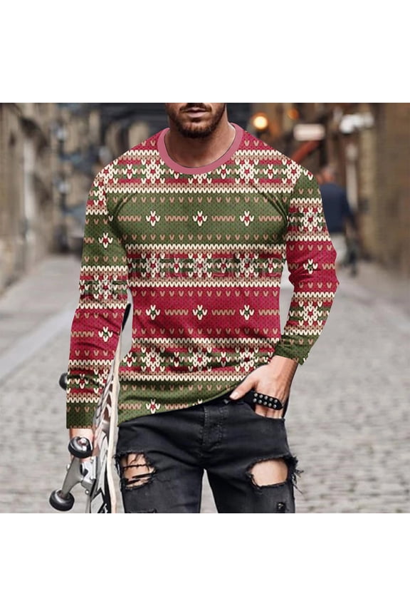 Crew Neck Mens Shirts Casual Long Sleeve Red Vintage Pullover Men T Shirts