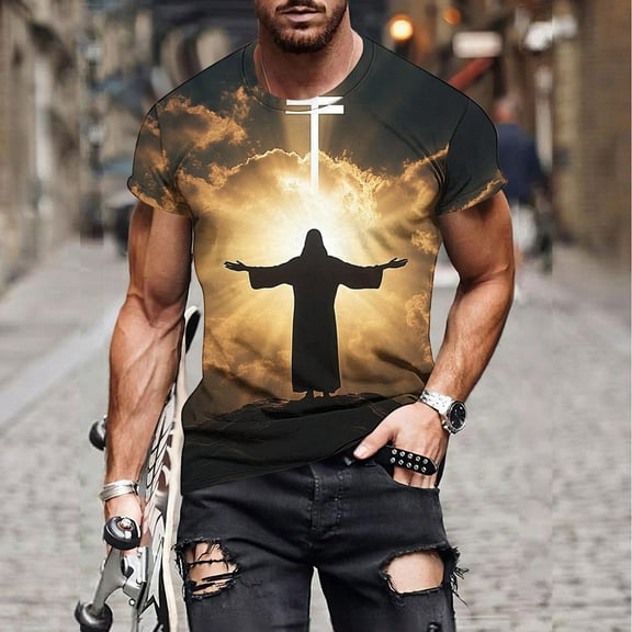 COSFO Crew Neck Mens Shirts Cross Short Sleeve Casual Tops Lightweight Pullover Loose Graphic Tees