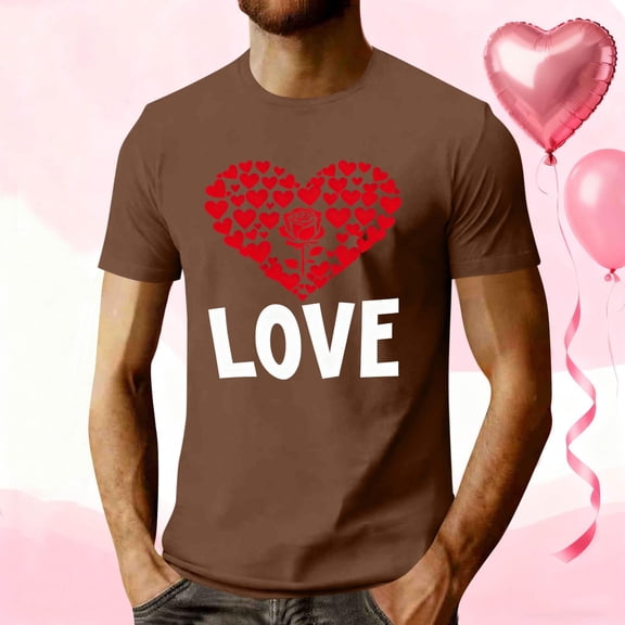 COSFO Crew Neck Mens T-Shirts Love Heart Short Sleeve Workout Valentine's Day Tops Vacation Loose Fit Pullover Mens Graphic Tees