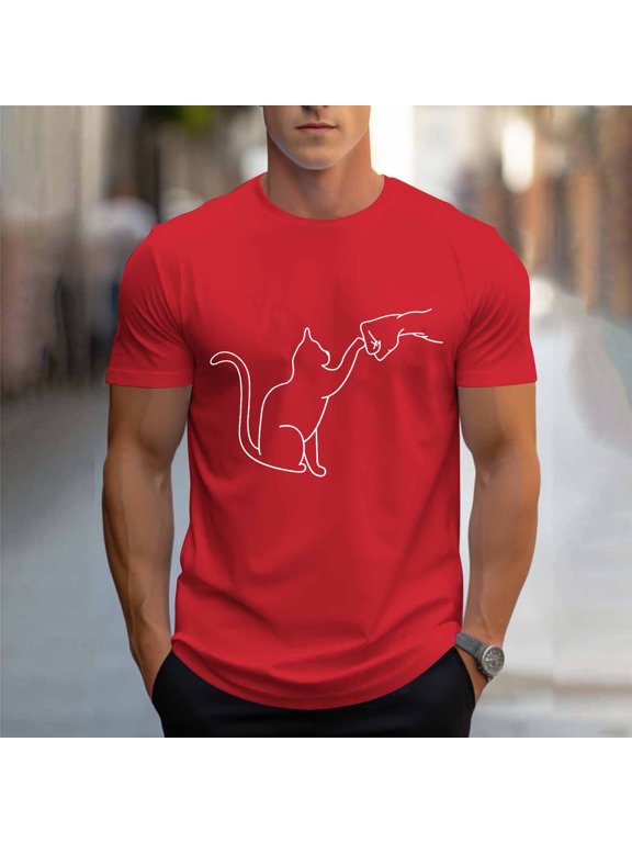 Crew Neck Mens T Shirts Short Sleeve Funny Cat Basic Tops Breathable Loose Fit Pullover Mens Graphic Tees