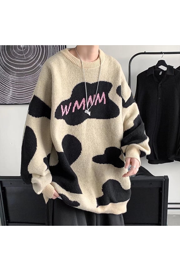 Crew Neck Sweater for Men Cow Knit Long Sleeve Yellow Sweaters Drop Shoulder Pullover Sweaters for Men