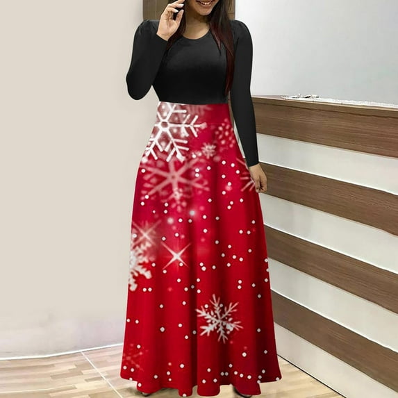 COSFO Crew Neck Women Dresses Red Christmas Long Sleeve Casual Midi Dresses Flowy Splicing A-Line Dresses