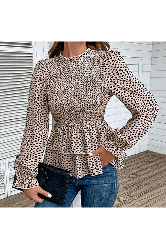 Crew Neck Work Shirts for Women Peplum Long Sleeve Gold Top Leopard Print T-Shirts Womens Going Out Tops