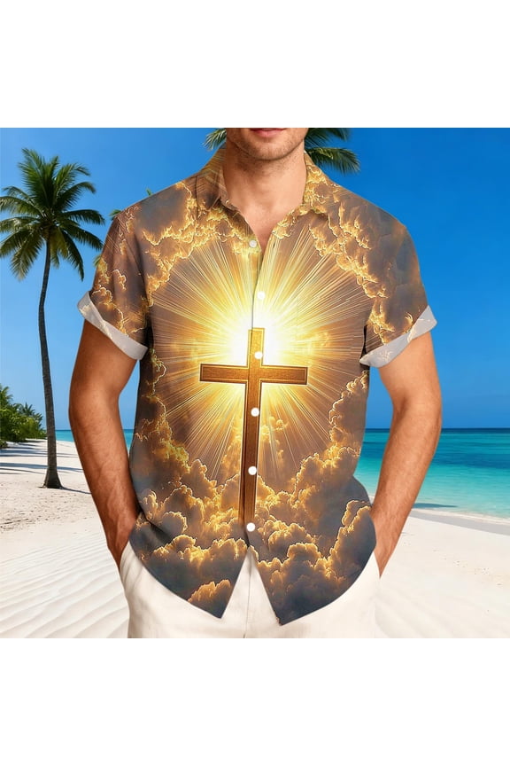 Cross Button Down Shirts for Men Easter Short Sleeve Tops Collared Stretch Loose Fit Men Shirts