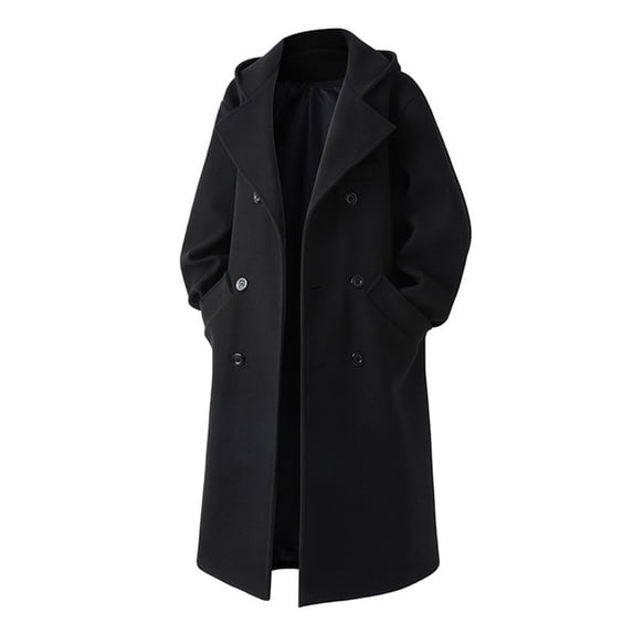 COSFO Double Breasted Men's Winter Trench Coat Fleece Casual Black Peacoat Warm Loose Fit Long Sleeve with Pockets Lapel Collar Mens Fall Jackets