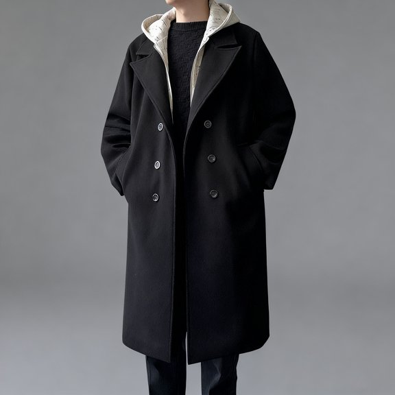 COSFO Double Breasted Trench Coat for Men Fleece Casual White Hooded Overcoat Loose Fit Long Sleeve with Pockets Jacket for Men