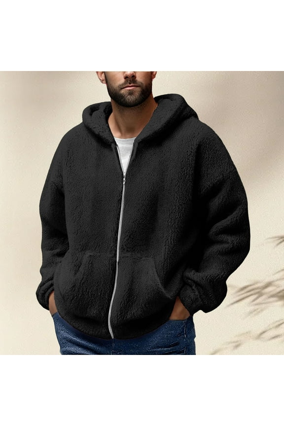Double-Faced Fleece Jackets for Men Hooded Black Winter Outerwear Warm Loose Fit Zip Up Long Sleeve with Pockets Sport Coats for Men