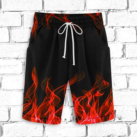 COSFO Drawstring Men Shorts Board Elastic Waist Red Flame Casual Shorts Loose Workout Beach Shorts