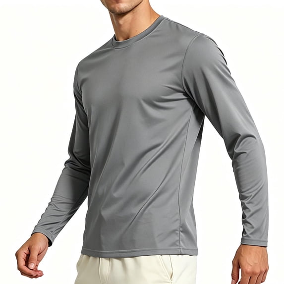 COSFO Dry Fit T Shirts for Men Workout Athletic Long Sleeve Gray Shirts Moisture Wicking Mesh Slim Fit Pullover Crew Neck T Shirts for Man