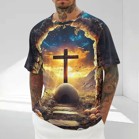 COSFO Easter Mens T Shirts Cross Short Sleeve Graphic Tees Loose Fit Casual Pullover Workout Crew Neck Tops