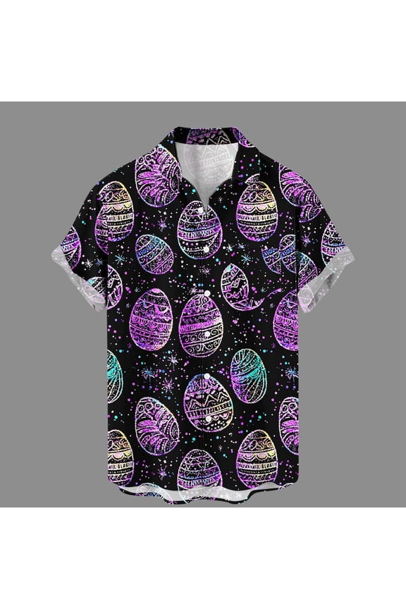 Egg Mens Button Up Shirt Easter Short Sleeve Tops with Pocket Collared Classic Fit Mens Shirts