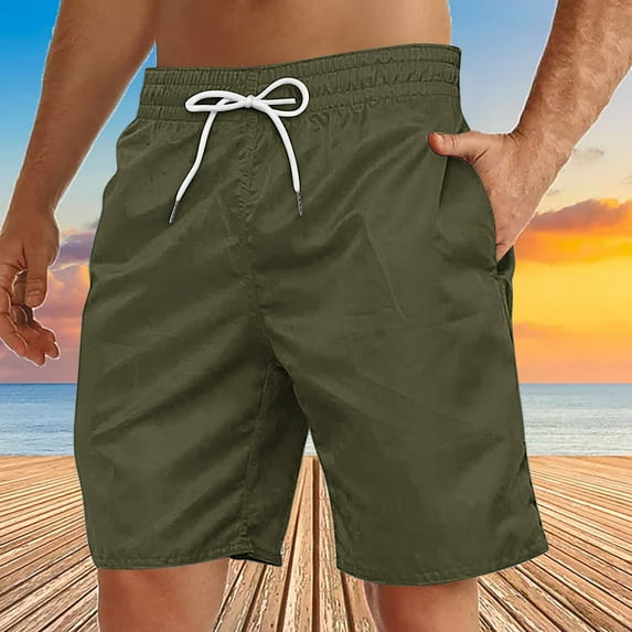 COSFO Elastic Waist Mens Shorts Board Green Drawstring Solid Casual Shorts Loose Beach Shorts