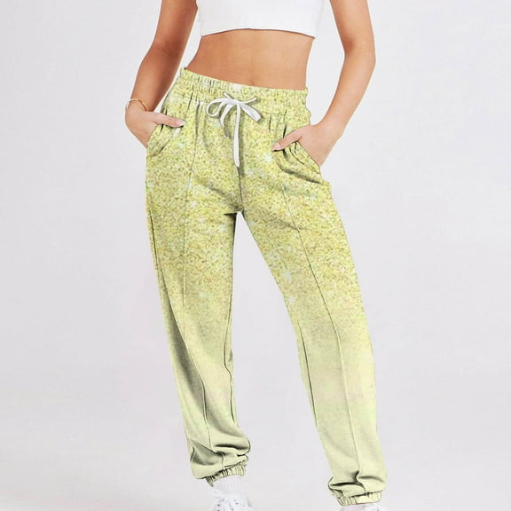 COSFO Elastic Waist Women Sweatpants Casual Yellow Joggers Gradient Taper Pants Drawstring Adjustable Width Loose Pants