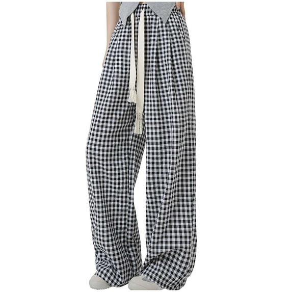 COSFO Elastic Waist Womens Pants White Casual Plaid Palazzo Wide Leg Pants Adjustable Width Loose Drawstring Pants