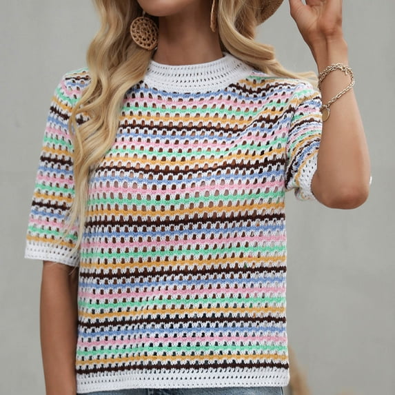 COSFO Elbow-Length Womens Fall Sweaters White Striped Crew Neck Knit Tops Drop Shoulder Women Sweaters Womens Pullover