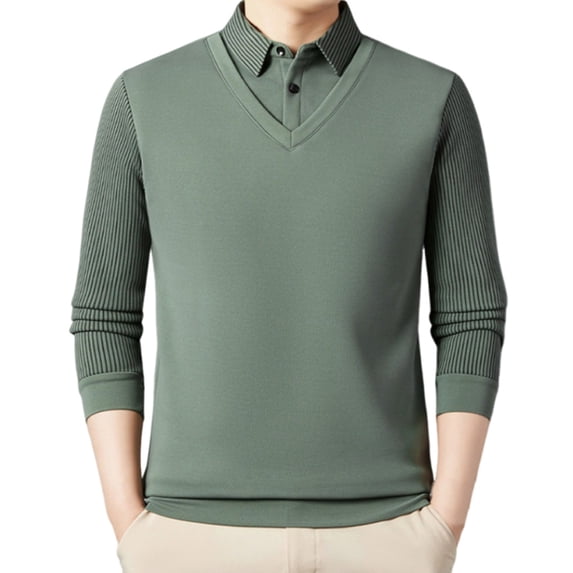 COSFO Fake Two Piece Mens Sweatshirt Casual Striped Long Sleeve Tops Button Loose Warm Collared Pullover Mens Sweatshirts