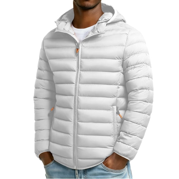 COSFO Fall Puffer Jackets for Men White Zip Up Removable Hood Windbreaker Long Sleeve Warm Coat for Men