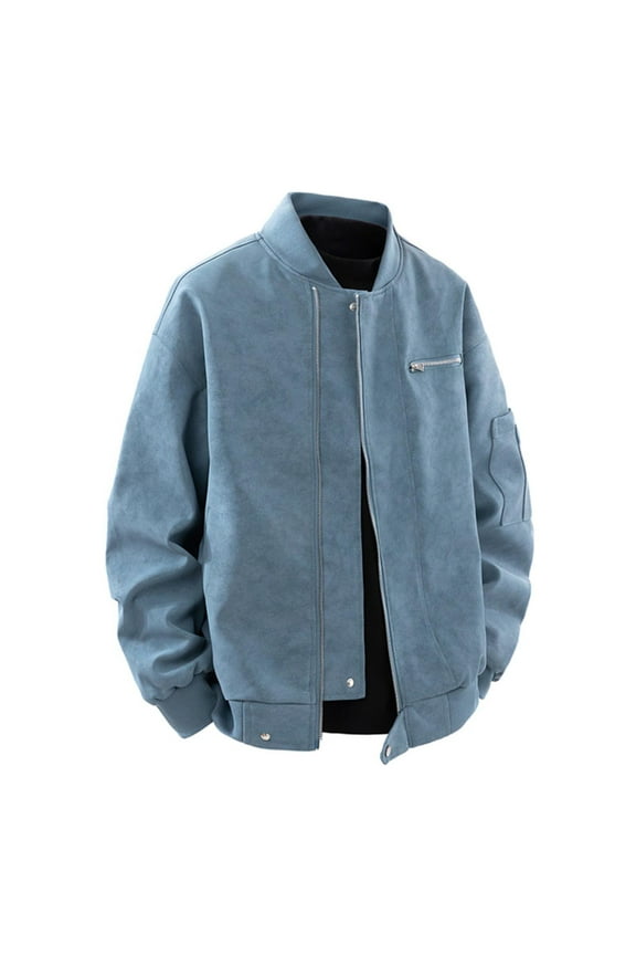 Faux Leather Bomber Jacket for Men Blue Motorcycle Outwear Long Sleeve Loose Fit Full Zip with Pockets Stand Colla Sports Coats for Men