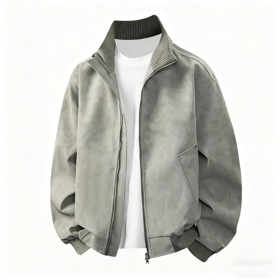 COSFO Faux Leather Bomber Jacket for Men Zip Up Gray Casual Windbreaker with Pockets Stand Colla Loose Fit Long Sleeve Coats for Men