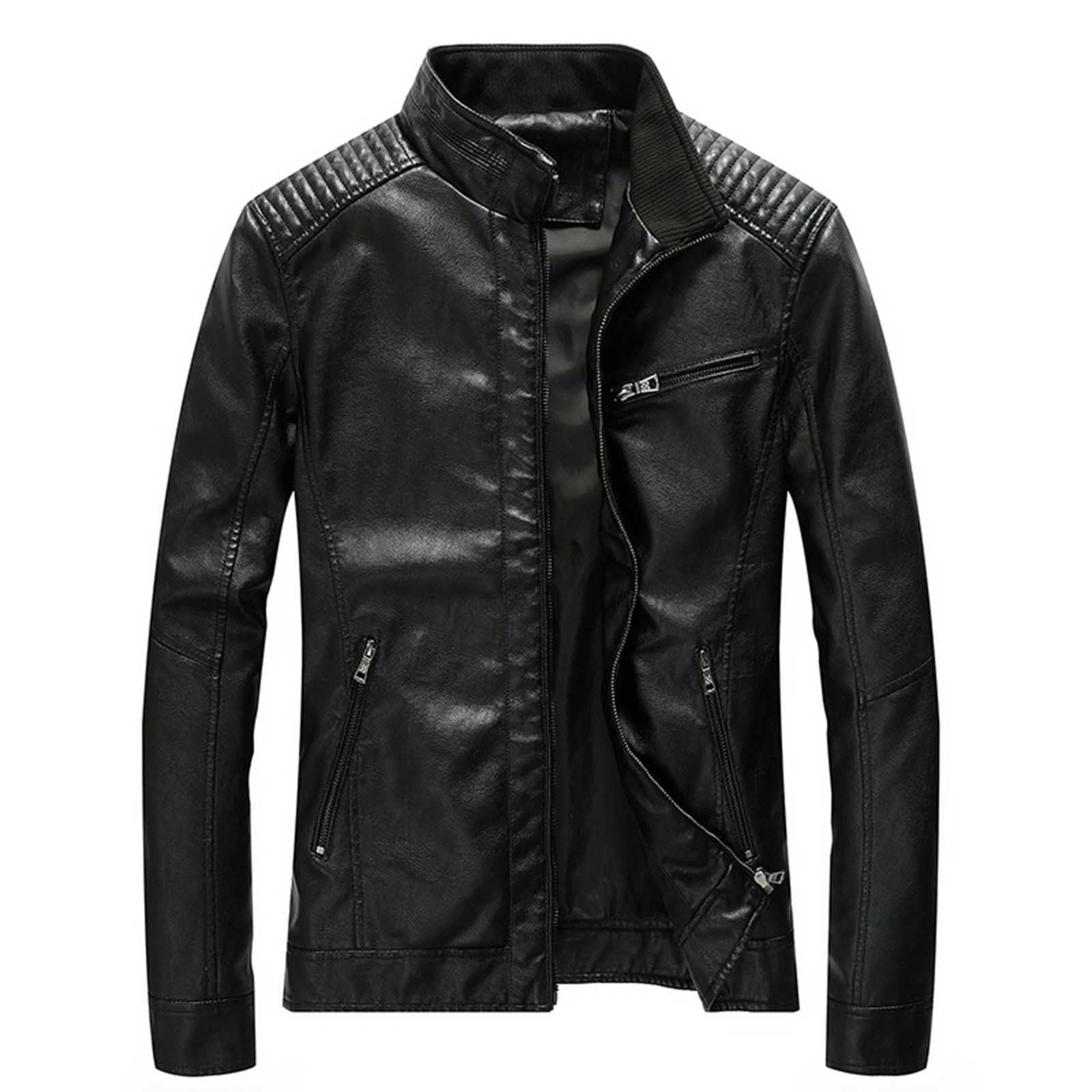 COSFO Faux Leather Mens Jacket Motorcycle Winter Black Outerwear with Pockets Long Sleeve Loose Fit Stand Colla Zip Up Men's Sport Coats