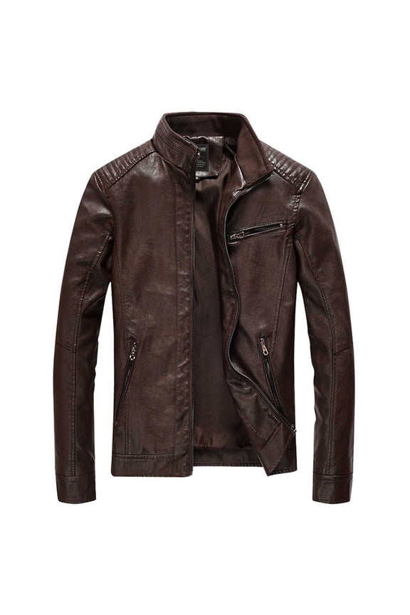 Faux Leather Winter Jackets for Men Motorcycle Brown Outerwear Stand Colla with Pockets Loose Fit Zip Up Long Sleeve Mens Winter Coats
