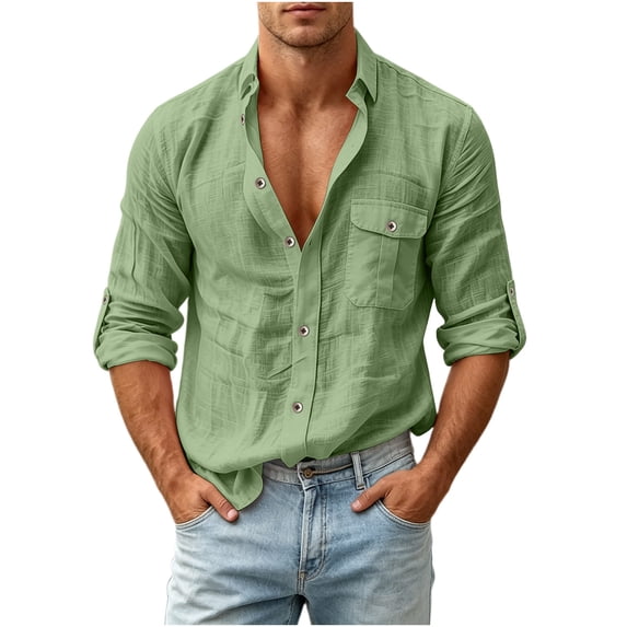 COSFO Faux Linen Mens Button Down Shirts Long Sleeve Casual Shirts Collared with Pocket Solid Work Classic Fit Shirts for Men