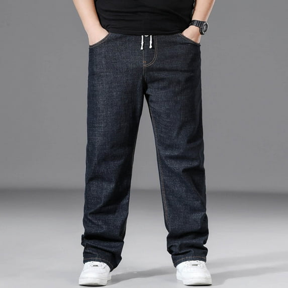 COSFO Flex Jeans Men Casual Straight Solid Plus Size Denim Pants with Pockets Relaxed Fit Drawstring Elastic Waist Men Pants