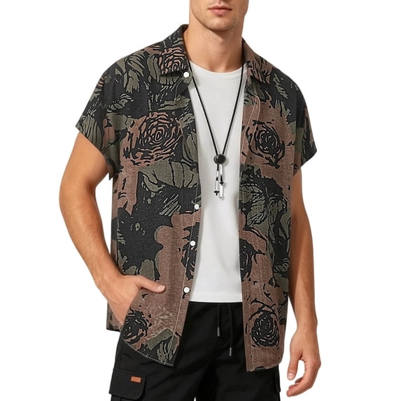 COSFO Button Up Short Sleeve Shirts for Men Cotton Linen Summer Floral Shirt Beach Vacation Collared Loose Fit Tops