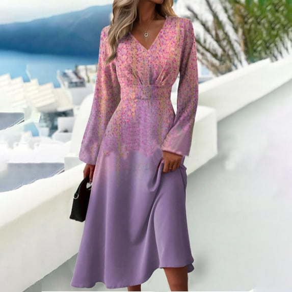 COSFO Floral Women Dresses Long Sleeve V-Neck Casual Pink Midi Dresses Flowy A-Line Dress
