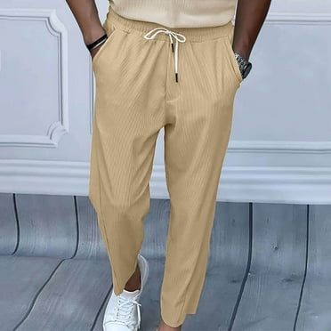 COSFO Full Tactical Pants for Men Straight-Leg Beige Joggers Athleisure Elastic Waist Drawstring Solid Casual Pants for Men