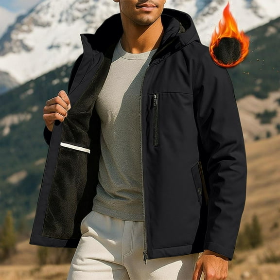 COSFO Full Zip Jacket for Men Work Fleece Black Hooded Outerwear Waterproof with Pockets Long Sleeve Loose Fit Men's Winter Coats
