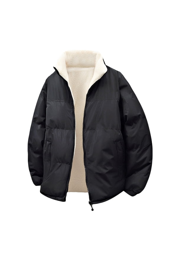 Full Zip Mens Puffer Jackets Black Fleece Outerwear Long Sleeve Loose Fit Warm Winter Mens Winter Coats