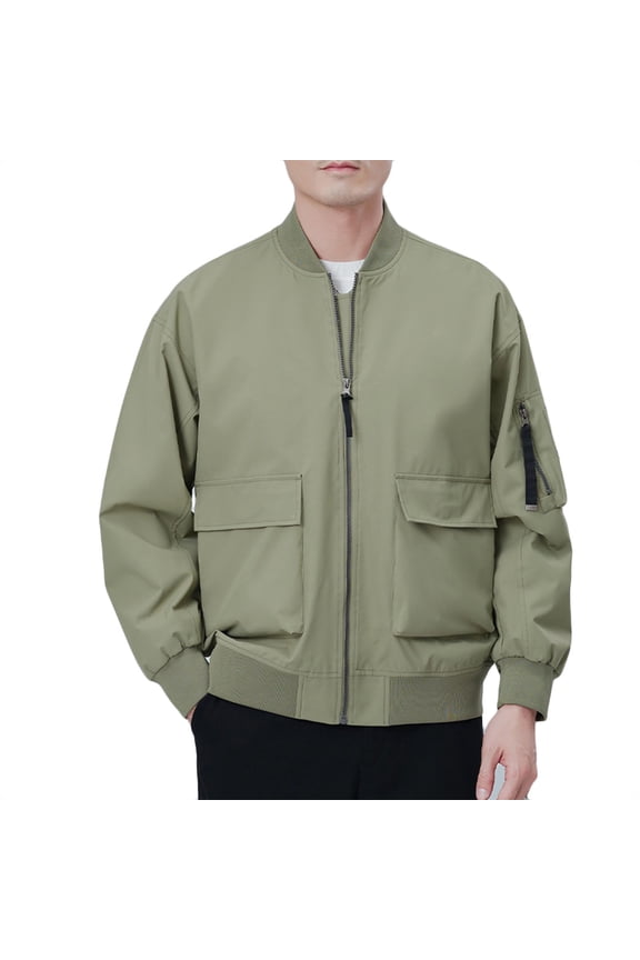 Full Zip Mens Winter Bomber Jacket Green Plus Size Casual Coat with Pockets Loose Fit Long Sleeve Stand Colla Mens Winter Coats