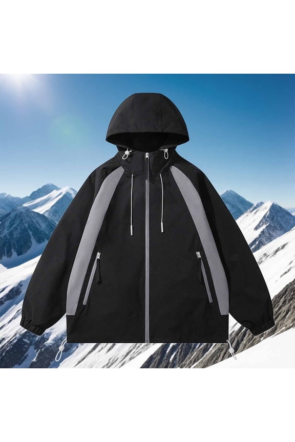 Full Zip Mens Winter Jacket Casual Hooded Hiking Colorblock Windbreaker Loose Fit Long Sleeve with Pockets Coats for Men