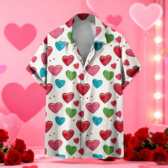 COSFO Funny Men's Button Down Shirts Valentine's Day Short Sleeve Tops Regular Fit Collared Vacation Mens Shirts