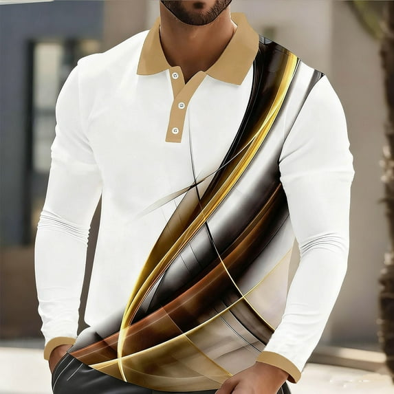 COSFO Golf Polo Shirts for Men Quick Dry Graphic Casual Long Sleeve Shirts Collared Slim Fit Button Classic T-Shirt