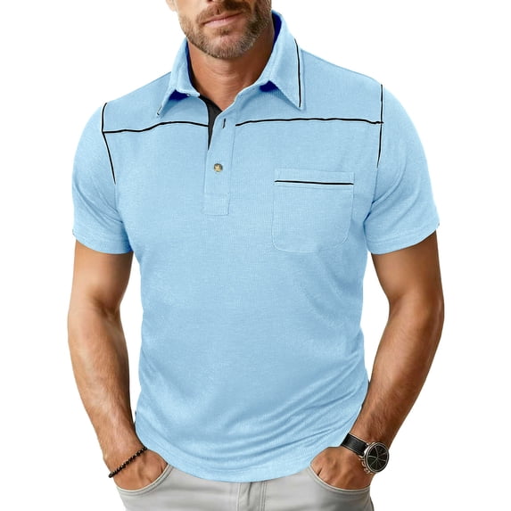 COSFO Golf Polos for Men with Pockets Ribbed Knit Short Sleeve Blue Basic Tops Relaxed Fit Pullover Performance Collar Classic T-Shirt