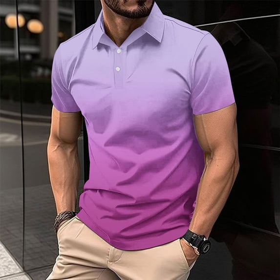 COSFO Gradient Men's Shirts Collared Short Sleeve Casual Pullover Button Loose Men T Shirts